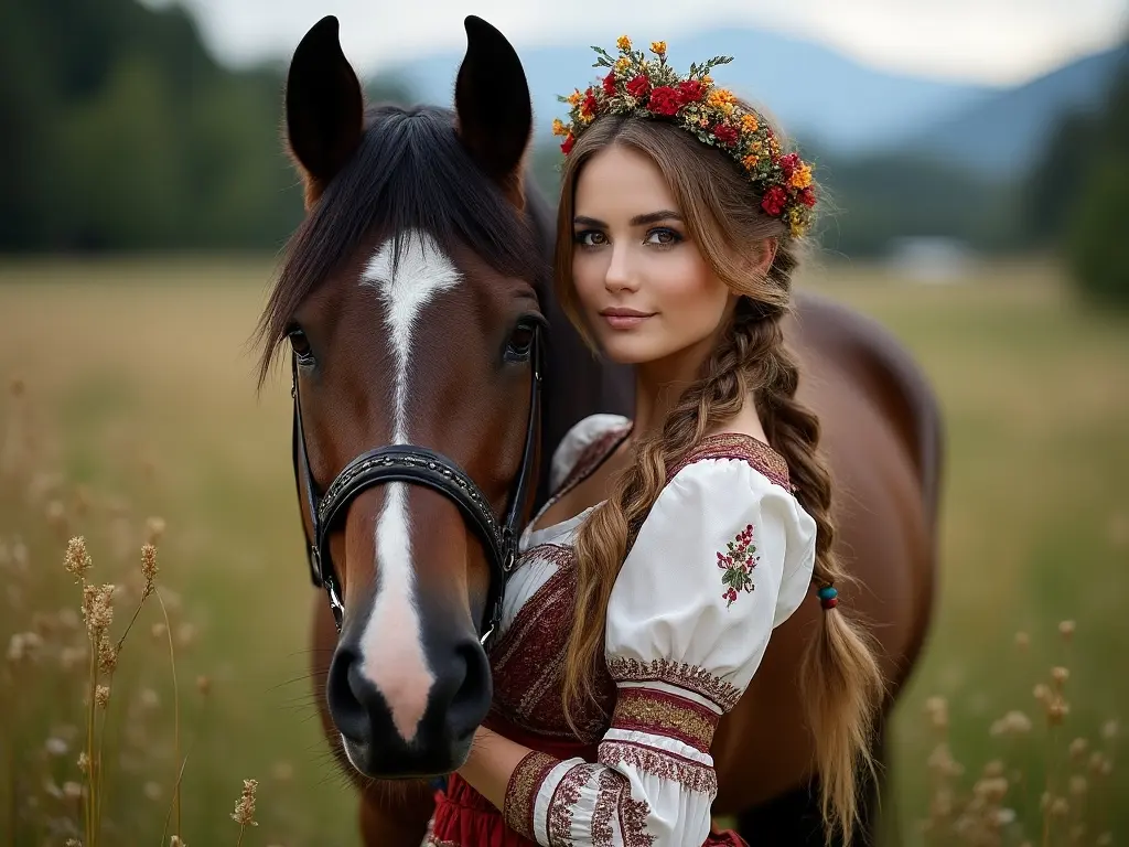 Traditional Romanian woman with a horse