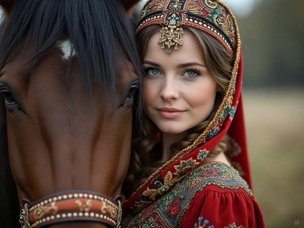 Traditional Russian woman with a horse