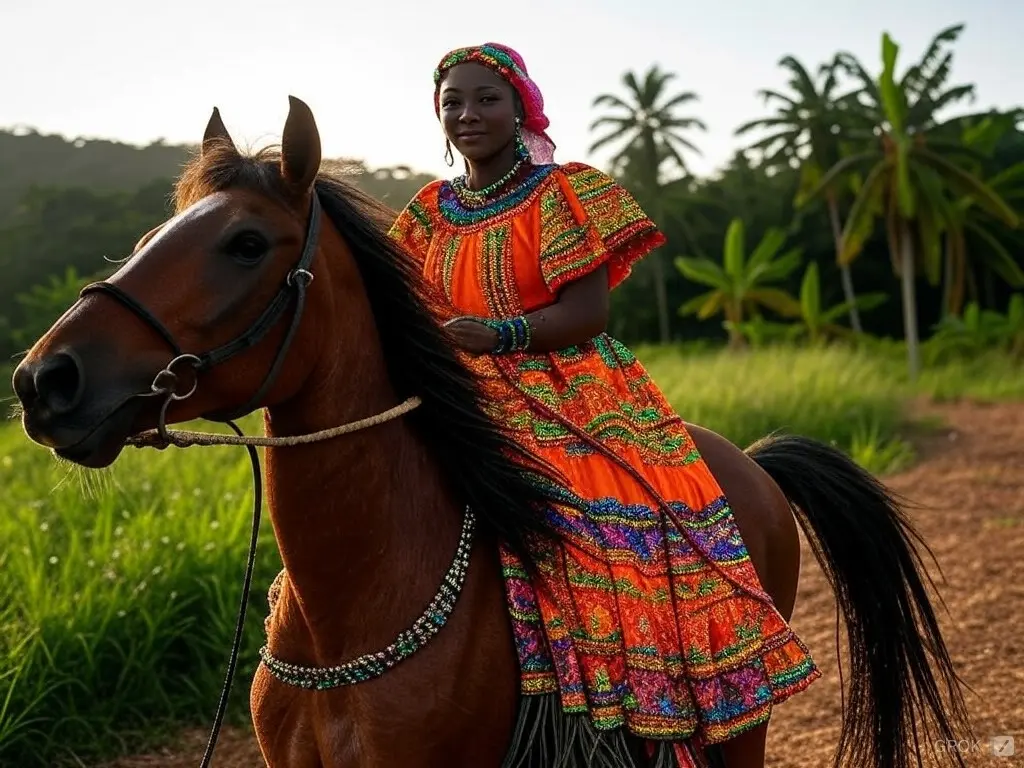 Traditional Sao Tome woman with a horse