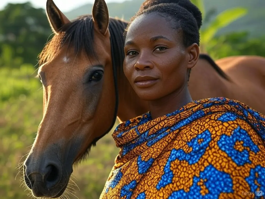 Traditional Sao Tome woman with a horse