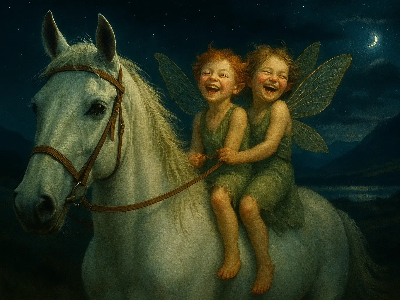 A fairy on a horse at night