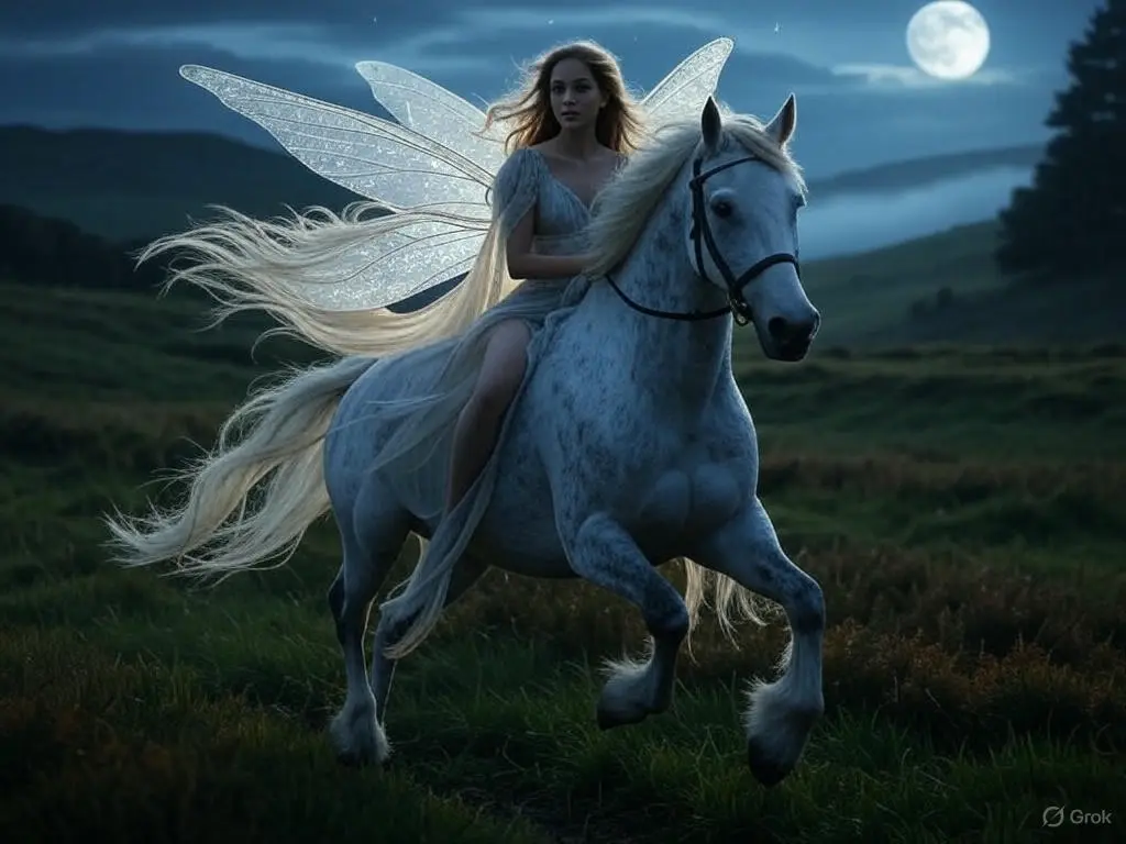 A fairy on a horse at night