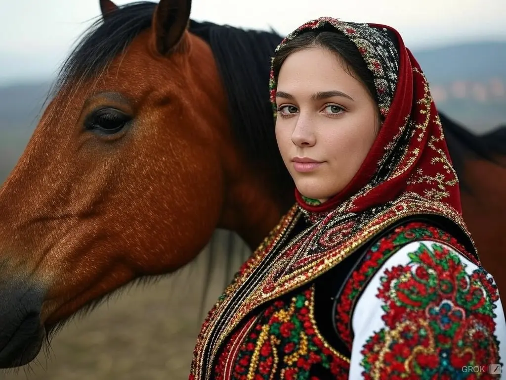 Traditional Serbian woman with a horse