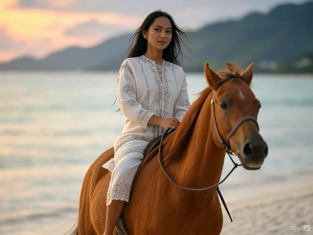 Traditional Seychelles woman with a horse