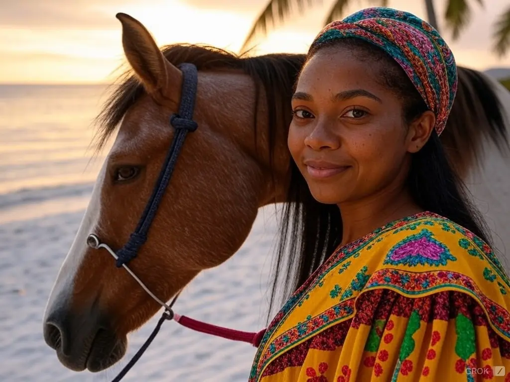 Traditional Seychelles woman with a horse