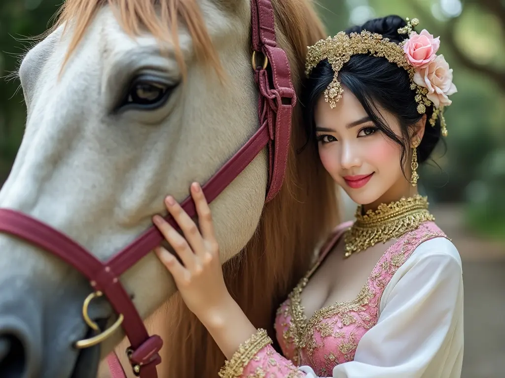 Traditional Singaporean woman with a horse