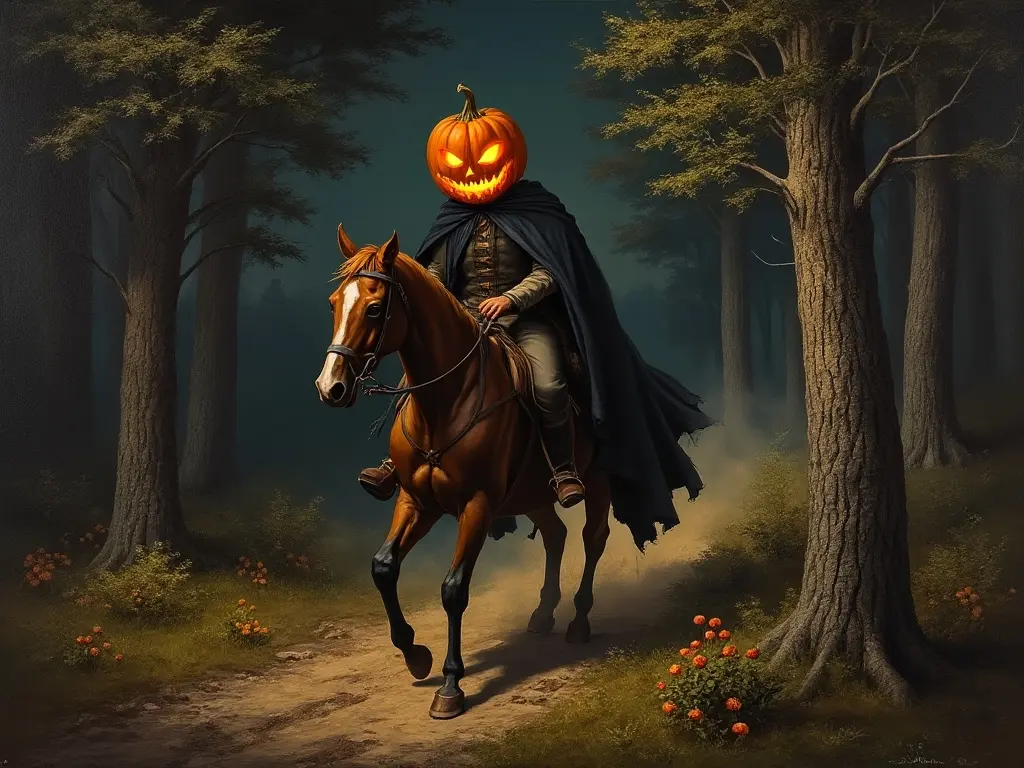 Man with a pumpkin head riding a horse