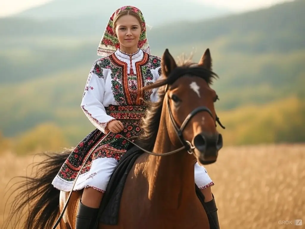 Traditional Slovakian woman with a horse