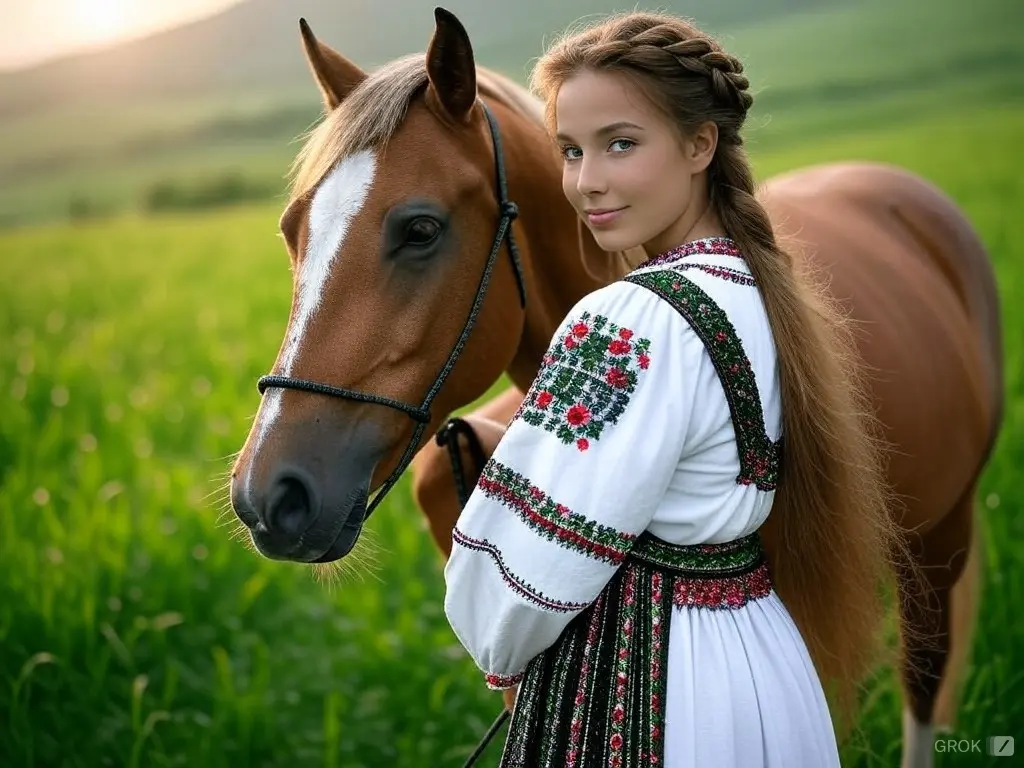 Traditional Slovakian woman with a horse