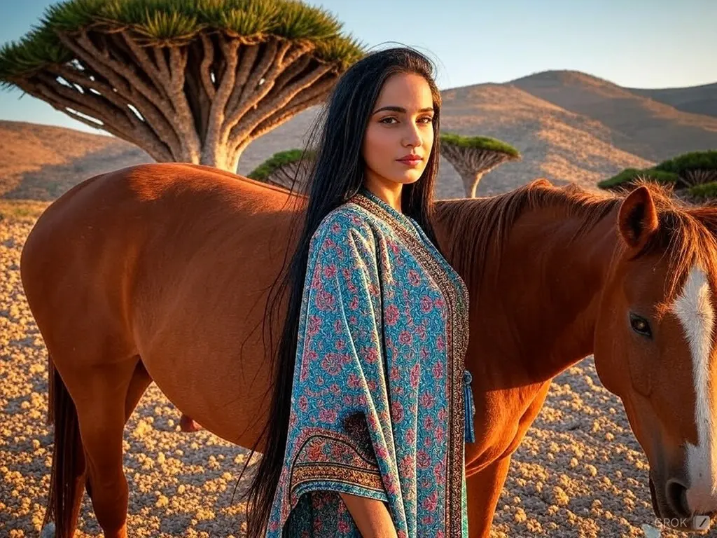 Traditional Socotra woman with a horse