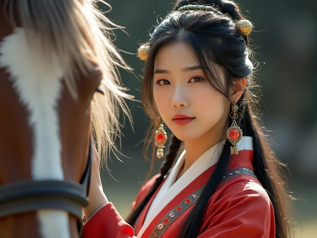 Traditional South Korean woman with a horse