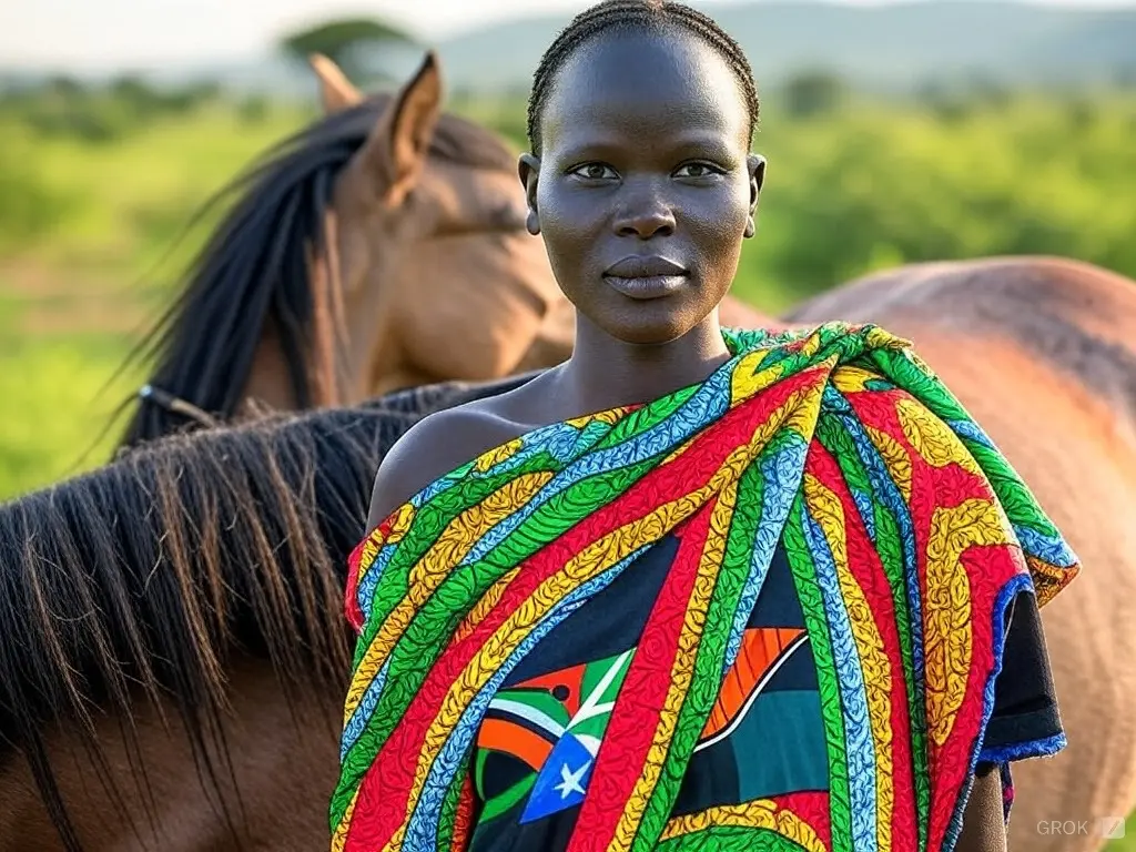 Traditional South Sudanese woman with a horse