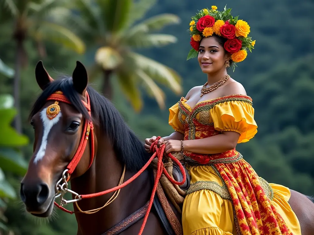 Traditional St. Lucian woman with a horse