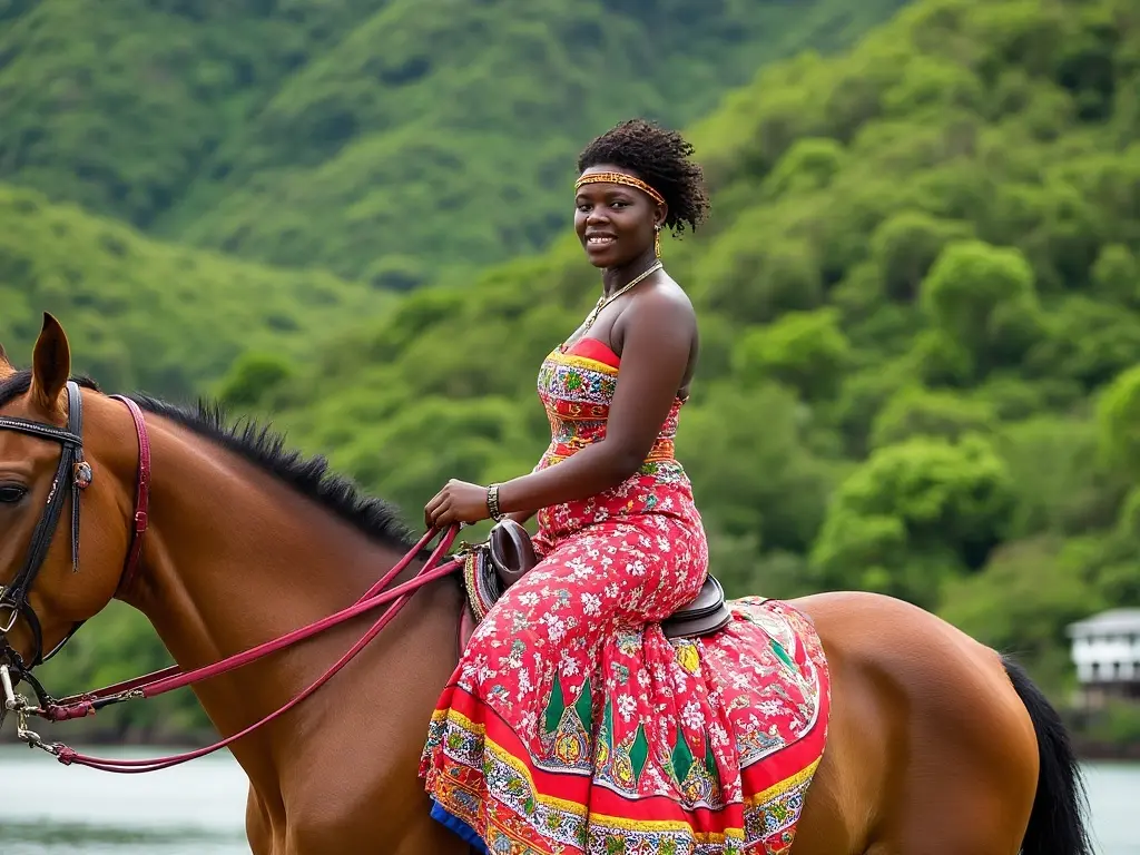 Traditional Saint Kitts and Nevis woman with a horse