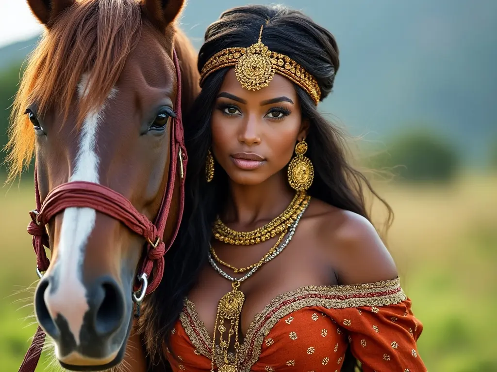 Traditional Saint Kitts and Nevis woman with a horse