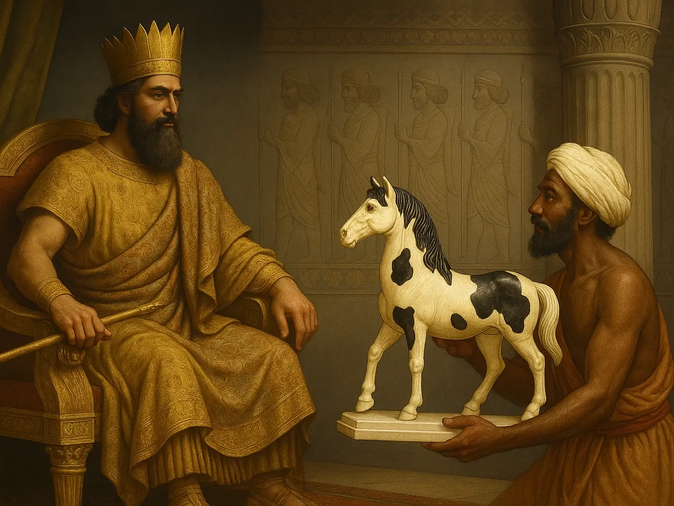 A man offering a horse statue to a king
