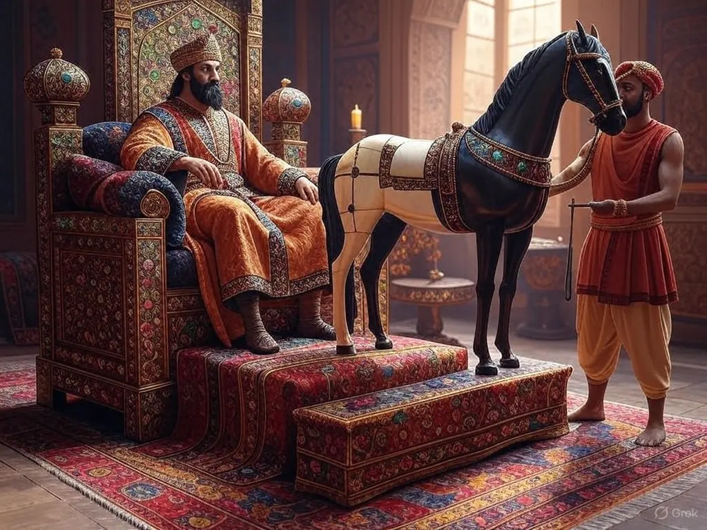 A man offering a horse statue to a king