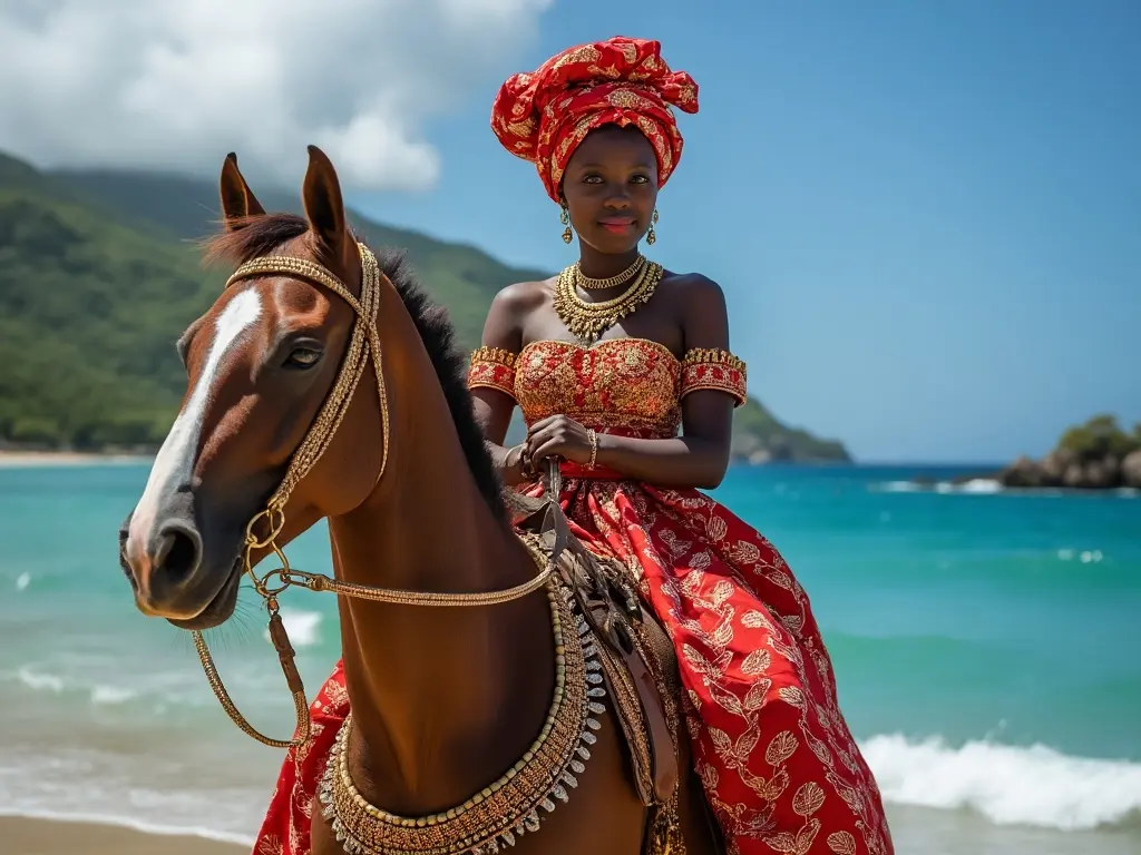 Traditional St. Vincent and the Grenadines woman with a horse