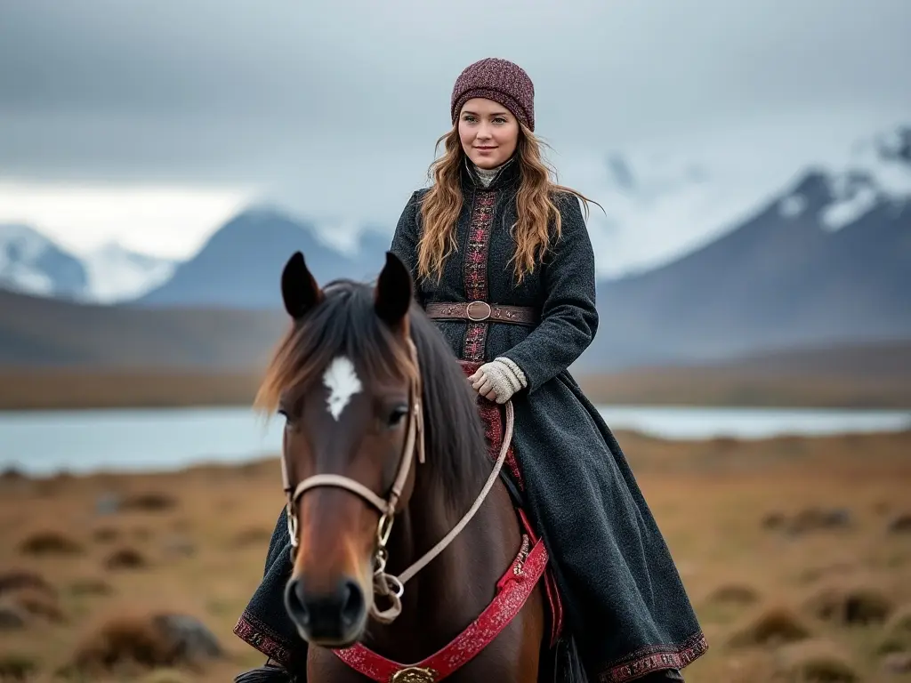 Traditional Svalbard and Jan Mayen woman with a horse