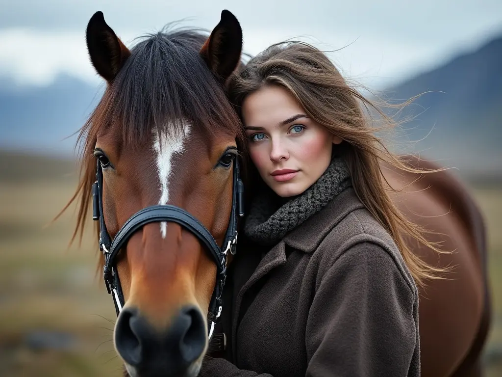 Traditional Svalbard and Jan Mayen woman with a horse