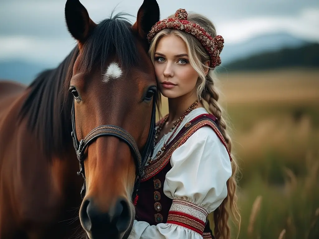 Traditional Swedish woman with a horse