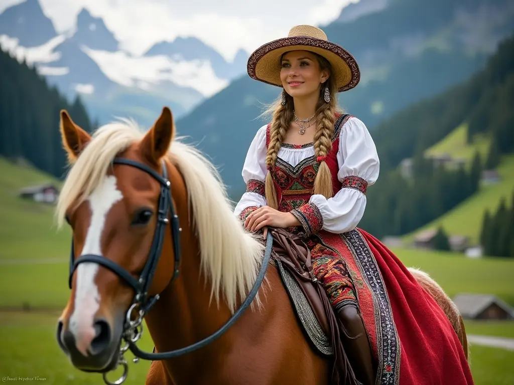 Traditional Swiss woman with a horse