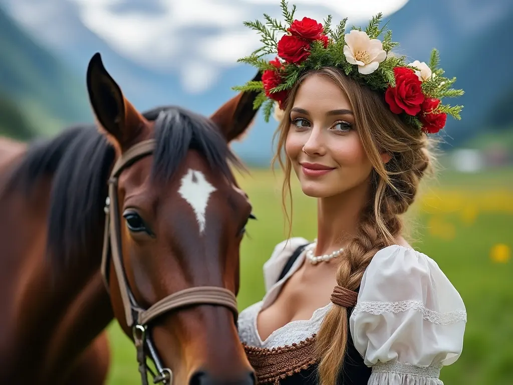 Traditional Swiss woman with a horse