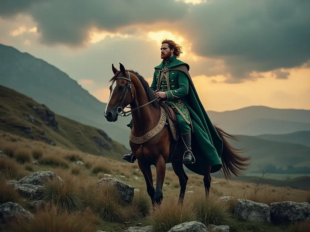 A man with a green cape on a horse