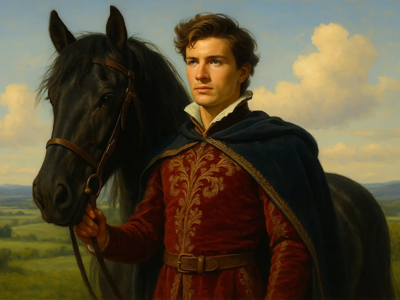 Young prince standing with a black horse