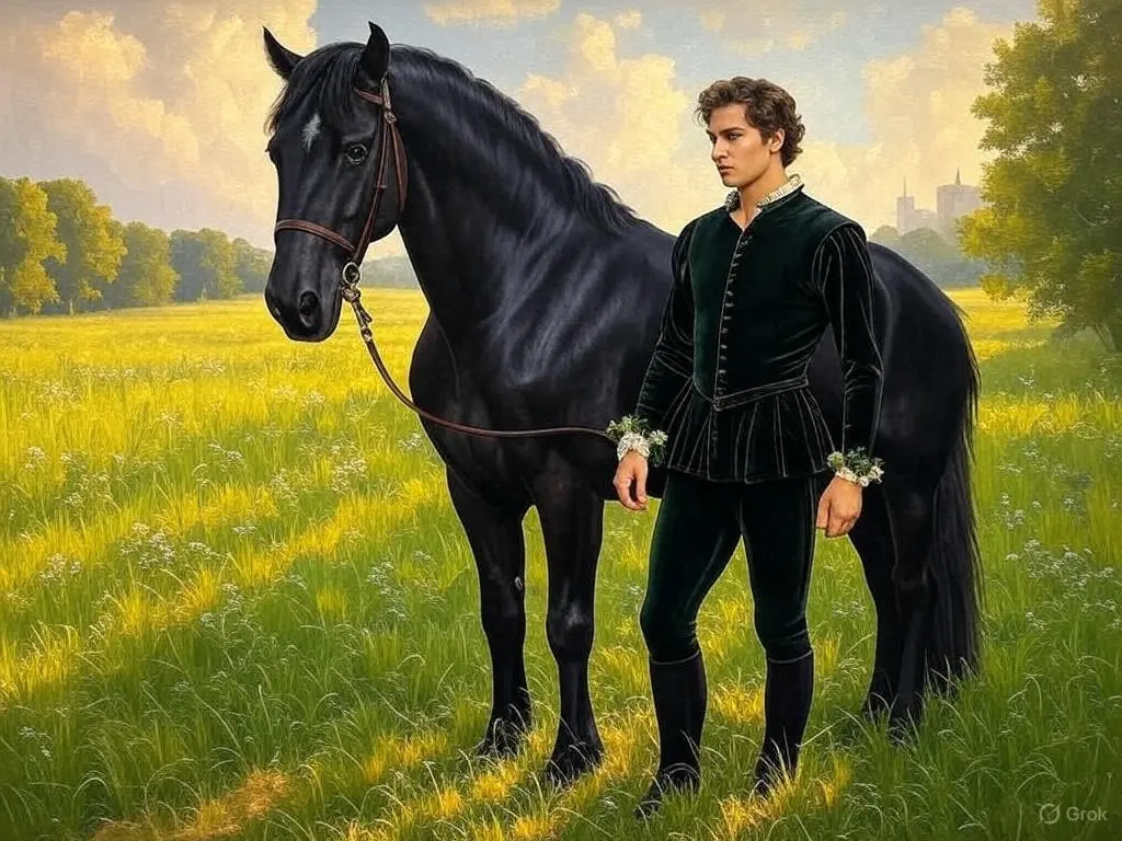 Young prince standing with a black horse