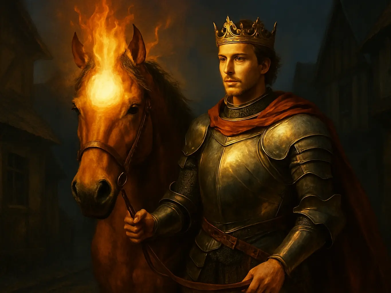 A man with a horse that has a sun on its head