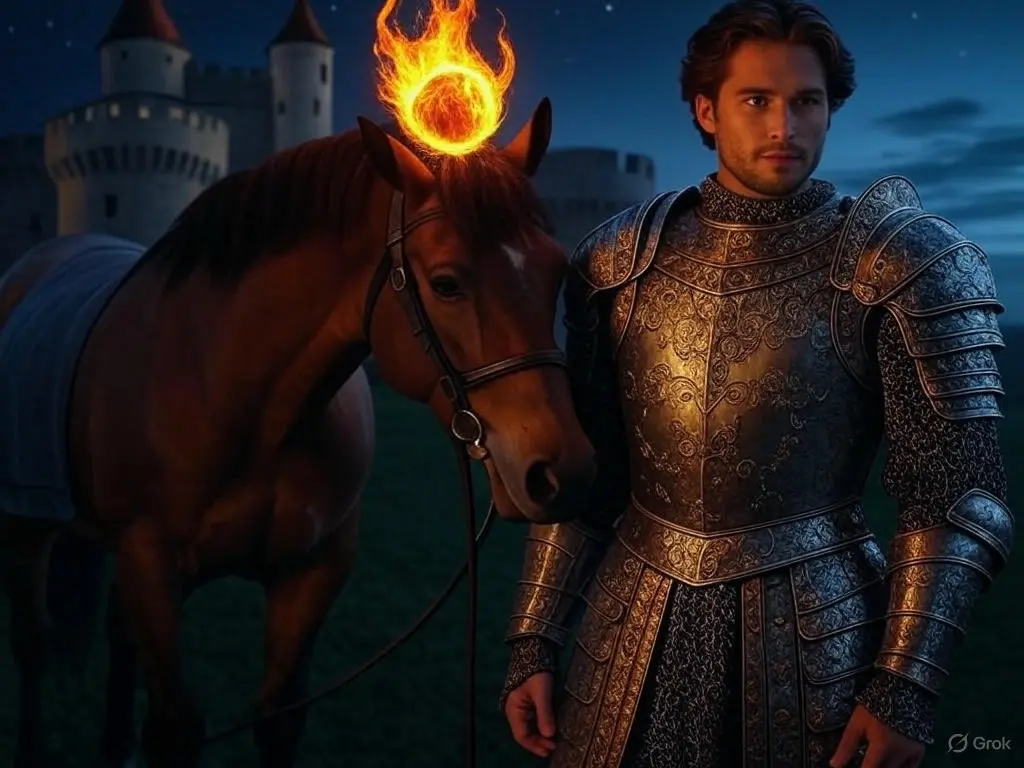 A man with a horse that has a sun on its head
