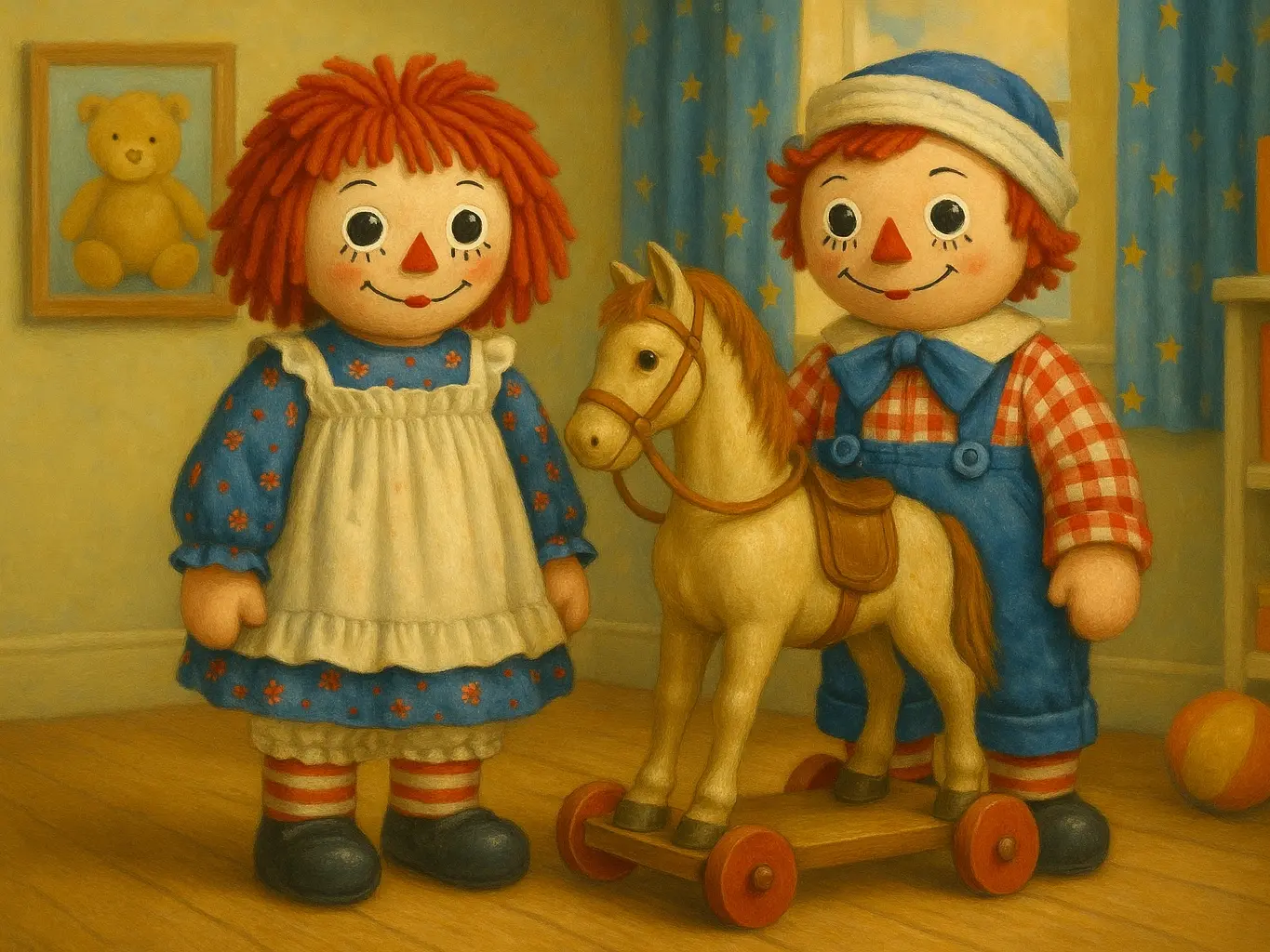 Raggedy Ann and Andy standing with a wooden horse