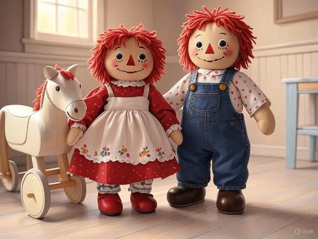 Raggedy Ann and Andy standing with a wooden horse