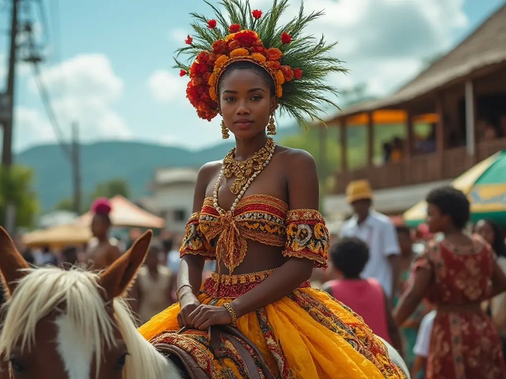 Traditional Trinidad and Tobago woman with a horse