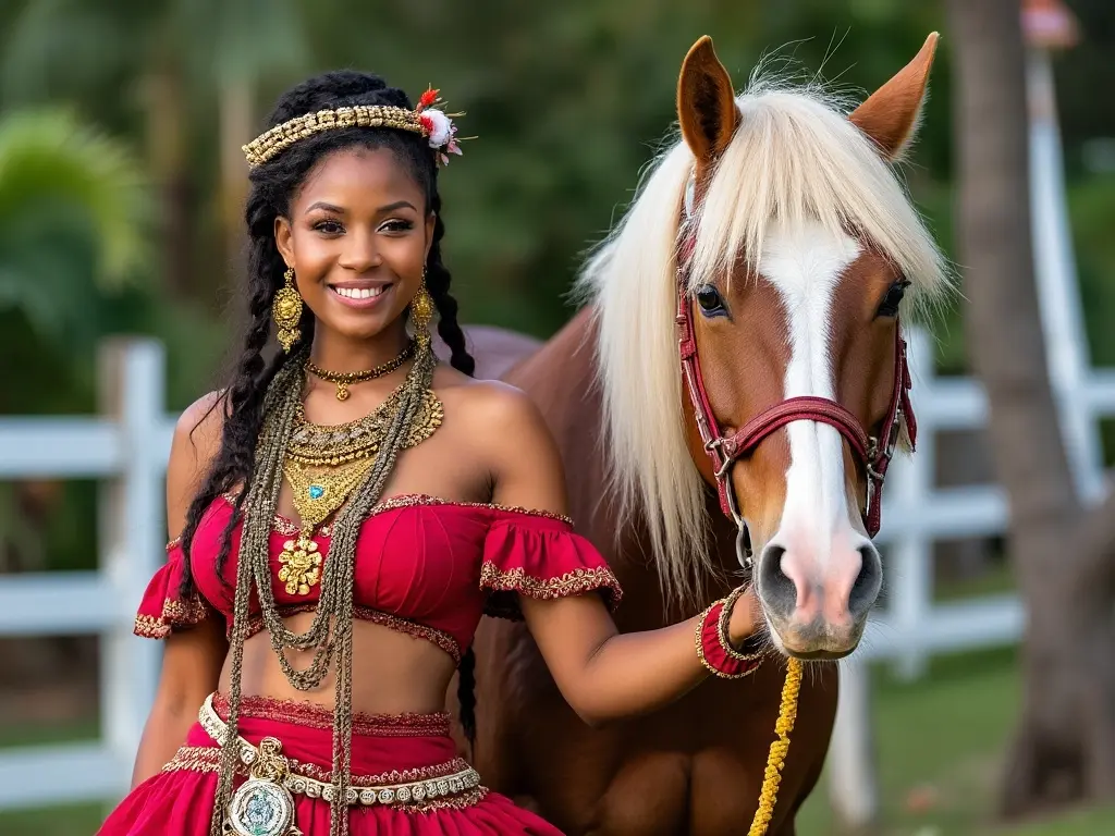 Traditional Trinidad and Tobago woman with a horse