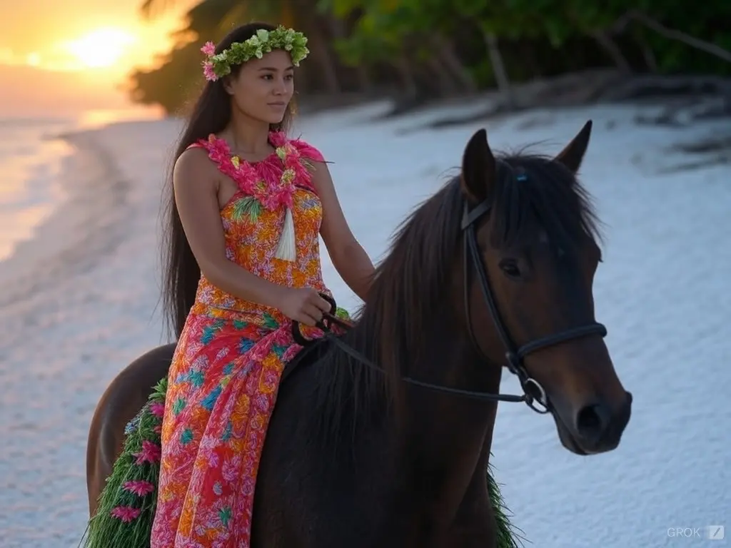 Traditional Tuvalu woman with a horse