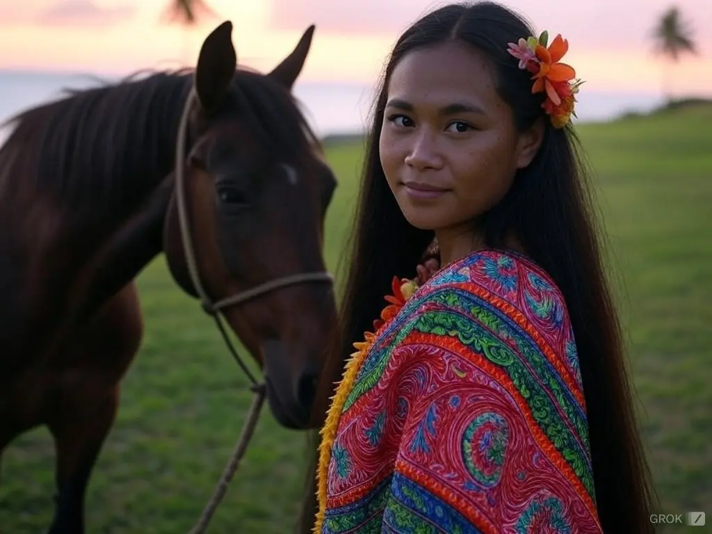Traditional Tuvalu woman with a horse