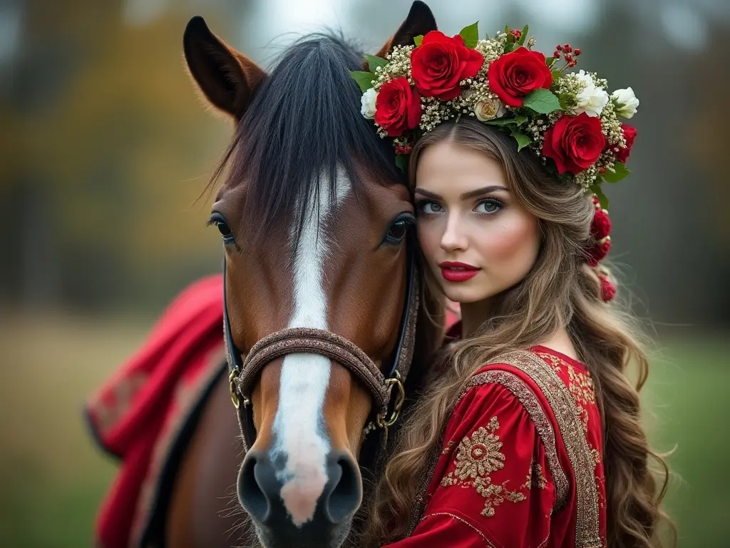 Traditional Ukrainian woman with a horse