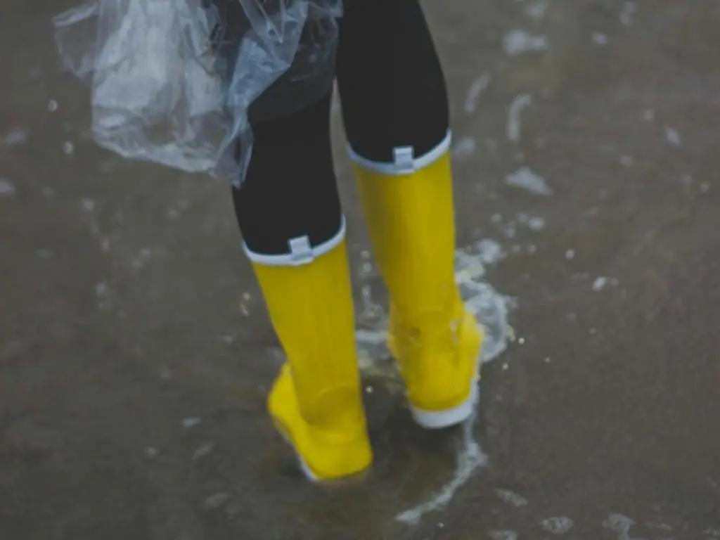 Close up of yellow boots in the rain