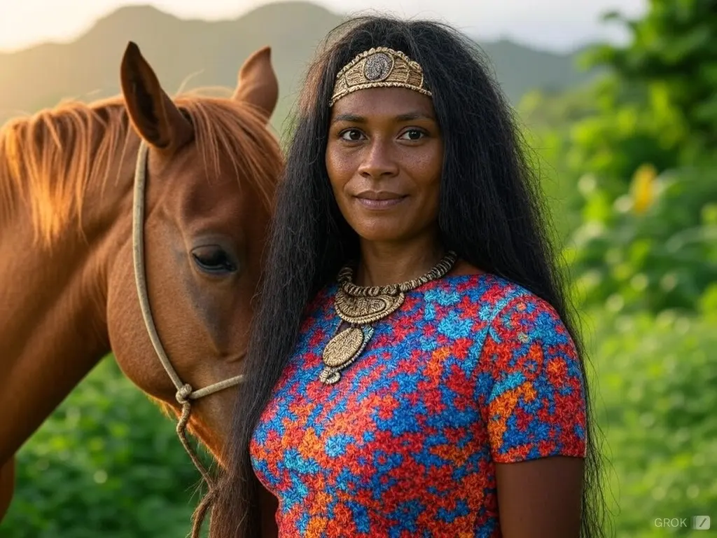 Traditional Vanuatu woman with a horse