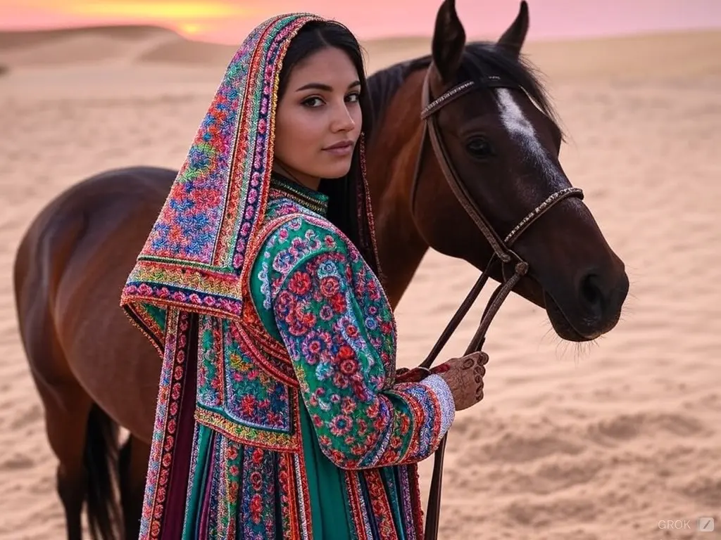 Traditional Western Sahara woman with a horse