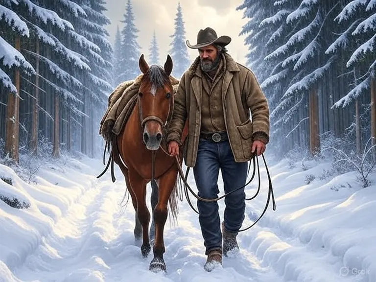 A man leading his horse in the snow