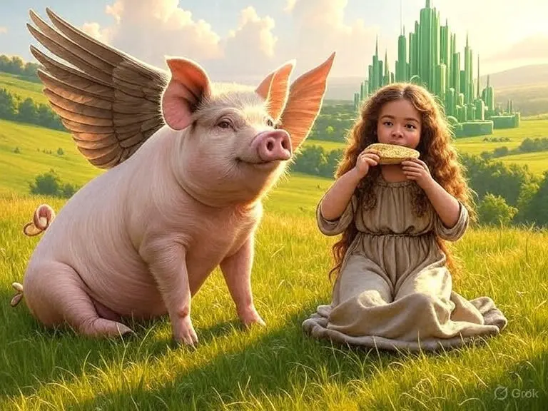 A winged pig flying
